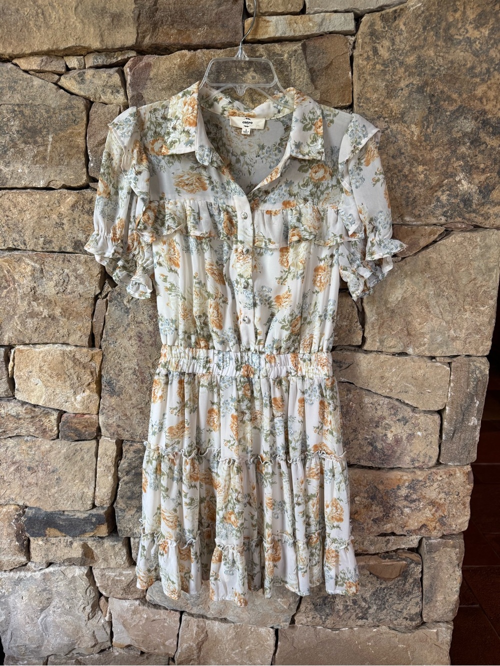 ENTRO Floral Ruffle Button-Front Dress cream/yellow/green